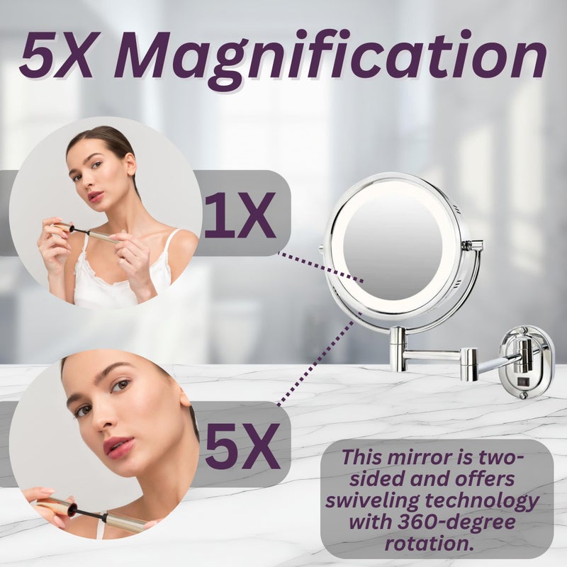 JERDON Wall-Mounted Makeup Mirror with 5X Magnification - Chrome Makeup Mirror with LED Lights - Direct Wire - Model HL65CD - Image 4