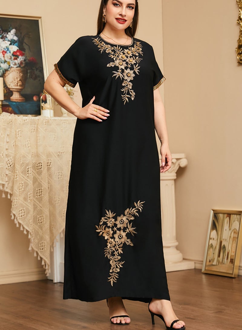 Arabic Style Ramadan Kaftan with Gorgeous Embroidery Patterns and Beads, Traditional and Elegant Black, Plus Size - Image 1