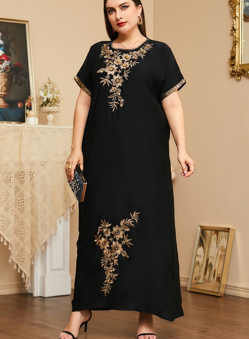 Arabic Style Ramadan Kaftan with Gorgeous Embroidery Patterns and Beads, Traditional and Elegant Black, Plus Size - Image 3
