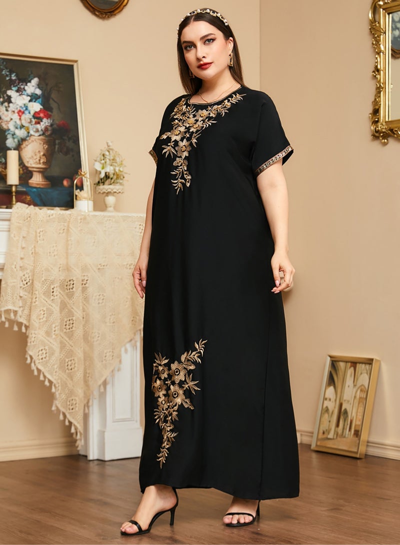 Arabic Style Ramadan Kaftan with Gorgeous Embroidery Patterns and Beads, Traditional and Elegant Black, Plus Size - Image 2