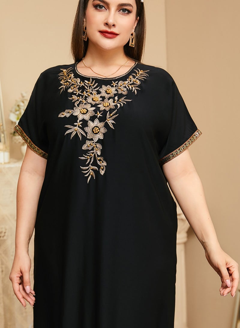 Arabic Style Ramadan Kaftan with Gorgeous Embroidery Patterns and Beads, Traditional and Elegant Black, Plus Size - Image 4