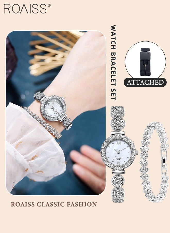 roaiss 2PCS Alloy Strap Bracelet Watch Set for Women Analog Display Round Dial Quartz Watch with Heart Bracelet Decorated with Rhinestones Elegant Watch Set as Gift for Ladies  - Image 1