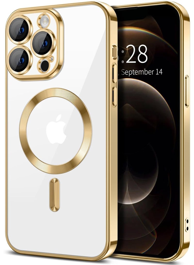 Electroplated Case For IPhone 12 Pro Max Camera Lens Full Protection Compatible with MagSafe Wireless Charging, Shockproof Soft TPU Phone Magnetic Cover (Gold) - Image 1