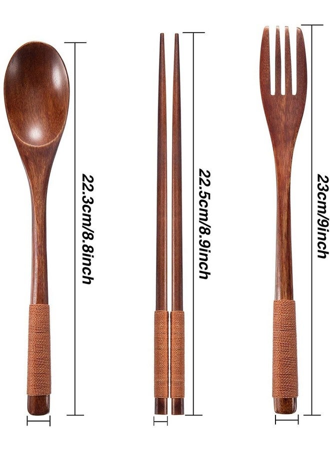 Iktu 3Pcs Reusable Bamboo Wooden Cutlery Set - Portable, Flatware Gift Set With Pouch, Brown Thread - Image 3