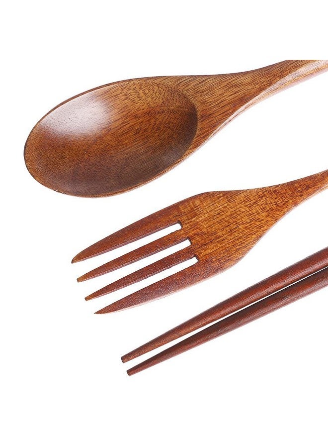 Iktu 3Pcs Reusable Bamboo Wooden Cutlery Set - Portable, Flatware Gift Set With Pouch, Brown Thread - Image 2
