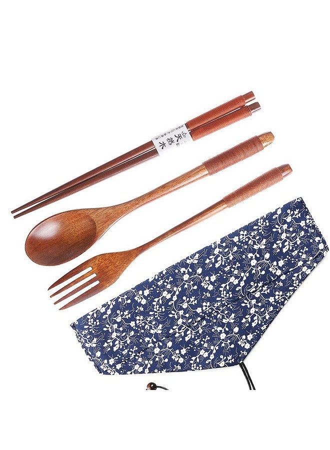 Iktu 3Pcs Reusable Bamboo Wooden Cutlery Set - Portable, Flatware Gift Set With Pouch, Brown Thread - Image 4