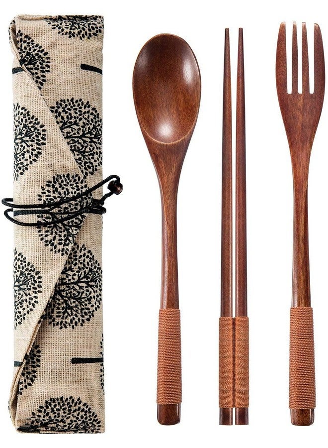 Iktu 3Pcs Reusable Bamboo Wooden Cutlery Set - Portable, Flatware Gift Set With Pouch, Brown Thread - Image 1
