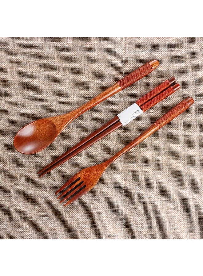 Iktu 3Pcs Reusable Bamboo Wooden Cutlery Set - Portable, Flatware Gift Set With Pouch, Brown Thread - Image 5