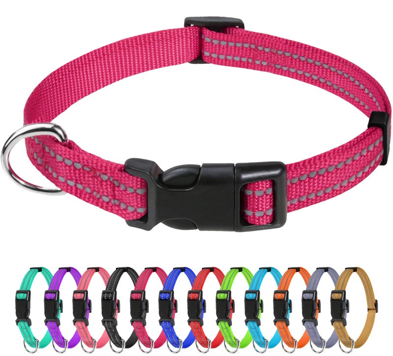 TagME Reflective Nylon Dog Collars, Adjustable Classic Pet Collar with Quick Release Buckle for Puppy, Hot Pink, 3/8" Width - Image 1