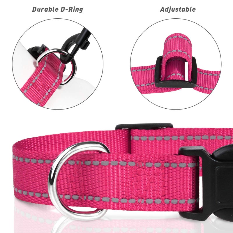 TagME Reflective Nylon Dog Collars, Adjustable Classic Pet Collar with Quick Release Buckle for Puppy, Hot Pink, 3/8" Width - Image 3