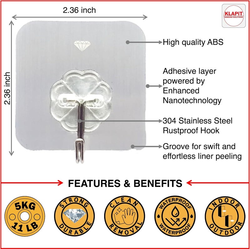 KLAPiT Super Hook Heavy Duty Adhesive, Holds 11 Pounds or 5Kg Weight, Waterproof and Damage Free for Wall, Tile, Wood, Stone, Glass, Metal, Made of Steel (24 pc, Clear) - Image 2