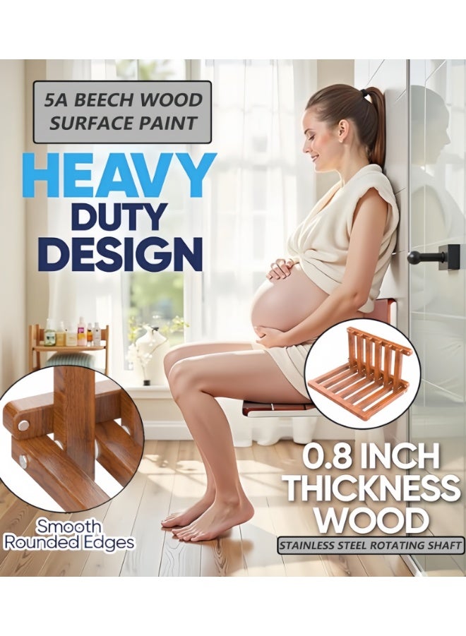 Wall-Mounted Foldable Chair, Solid Wood Folding Bench Seat for Bathroom, Shower, Entryway, and Poolside, Space-Saving, Compact Folding Bench, Perfect for Elderly and Mobility Assistance (ZX2076-wood) - Image 5