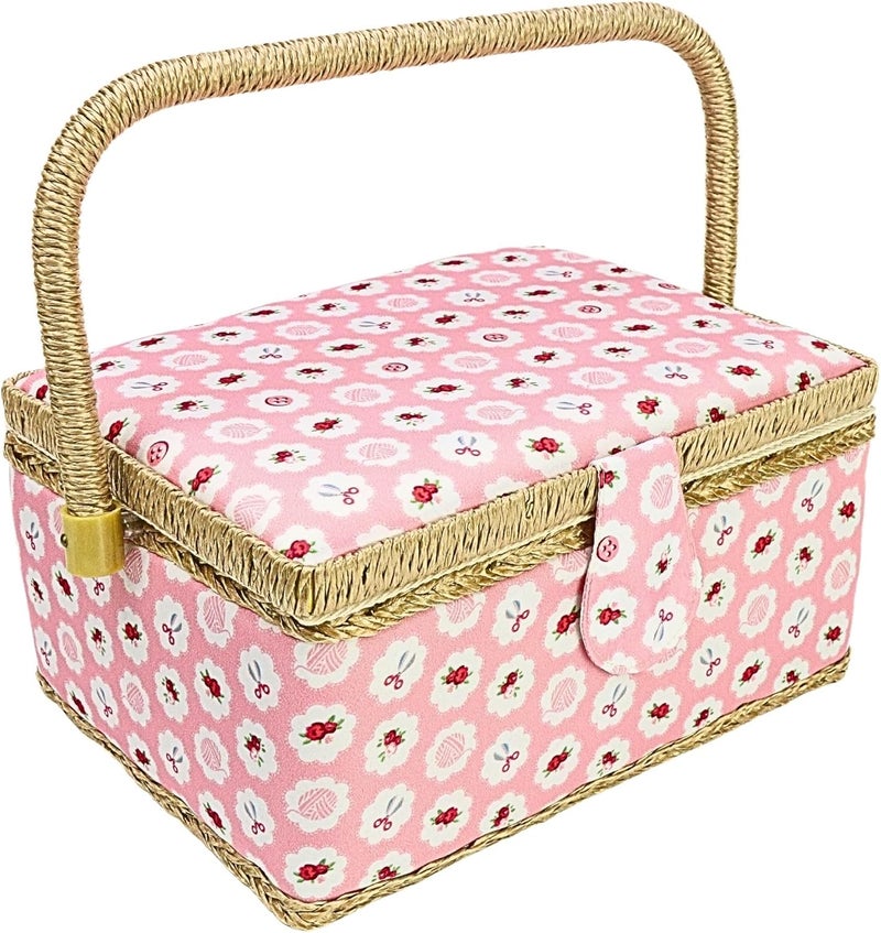 COMFECTO Sewing Basket with Accessories, Large Sew Storage Organizer with Complete Tools, Wooden Sew Box with Removable Tray Tomato Pincushion for Mending, Pink Rose - Image 1
