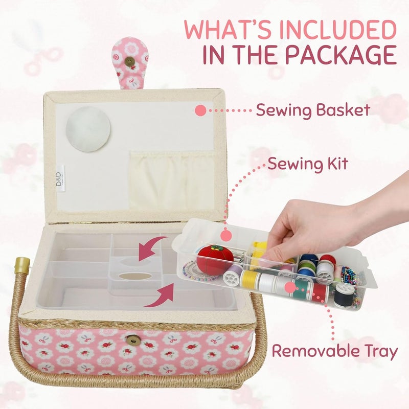 COMFECTO Sewing Basket with Accessories, Large Sew Storage Organizer with Complete Tools, Wooden Sew Box with Removable Tray Tomato Pincushion for Mending, Pink Rose - Image 3