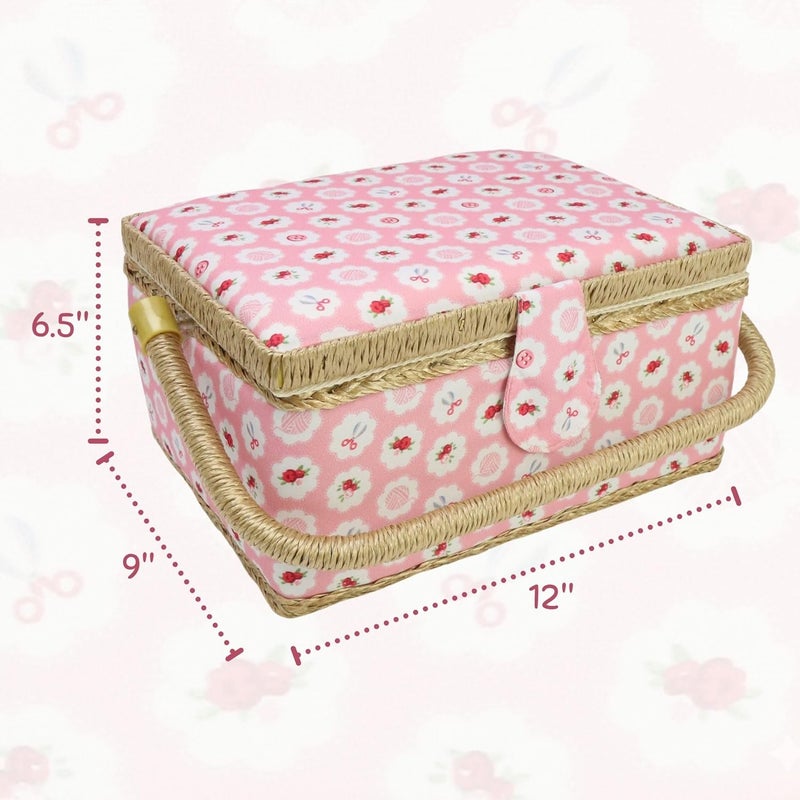 COMFECTO Sewing Basket with Accessories, Large Sew Storage Organizer with Complete Tools, Wooden Sew Box with Removable Tray Tomato Pincushion for Mending, Pink Rose - Image 4