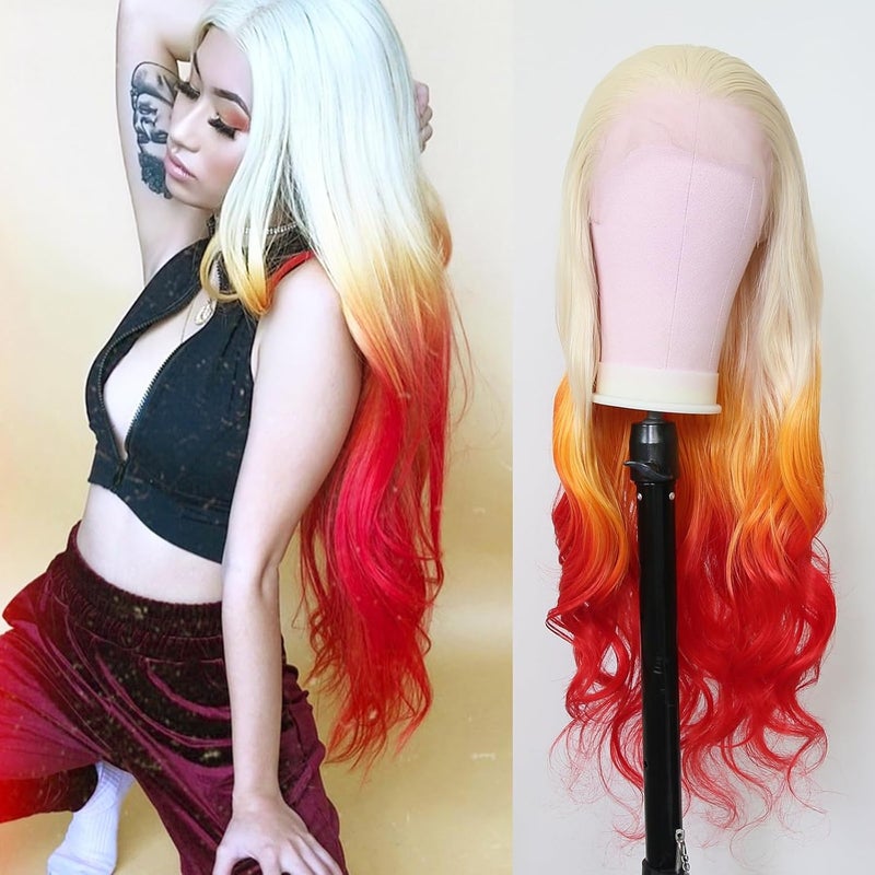 BTWTRY Wavy Wig Blonde Ombre Yellow Red Synthetic Lace Front Wigs 3Tone 613 Ombre Red for Fashion Women Natural Glueless Heat Resistant Fiber Synthetic Hair 24inch 613YellowRed