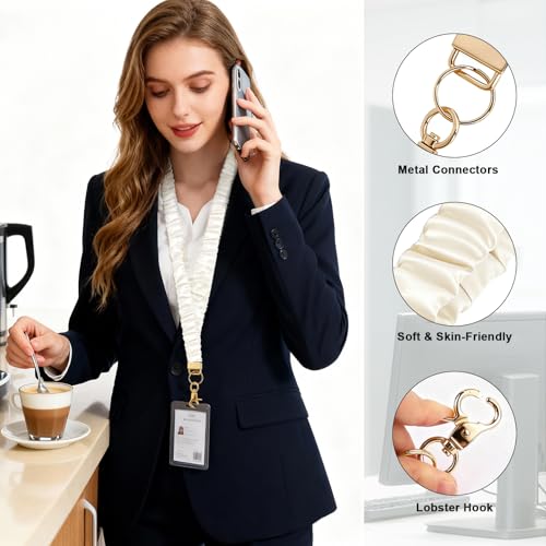 Ajmyonsp Scrunchie Lanyard for ID Badges Teacher, Stretchy Neck Key Lanyards for Women Men Nurse Mother, Breakaway Cute Retractable Keychains Holder Clip for Cruise Ship Cards, Beige - Image 4