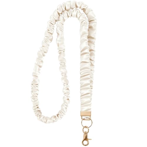 Ajmyonsp Scrunchie Lanyard for ID Badges Teacher, Stretchy Neck Key Lanyards for Women Men Nurse Mother, Breakaway Cute Retractable Keychains Holder Clip for Cruise Ship Cards, Beige - Image 1