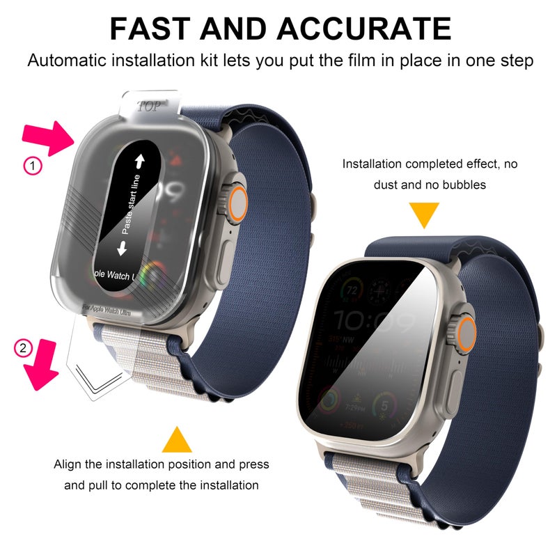 Suoman 2-Pack for Apple Watch Ultra 3/2/1 49mm Tempered Glass Privacy Screen Protector, [Anti-peeping] 9H Hardness protective film - Auto-alignment Installation Kit - Image 5