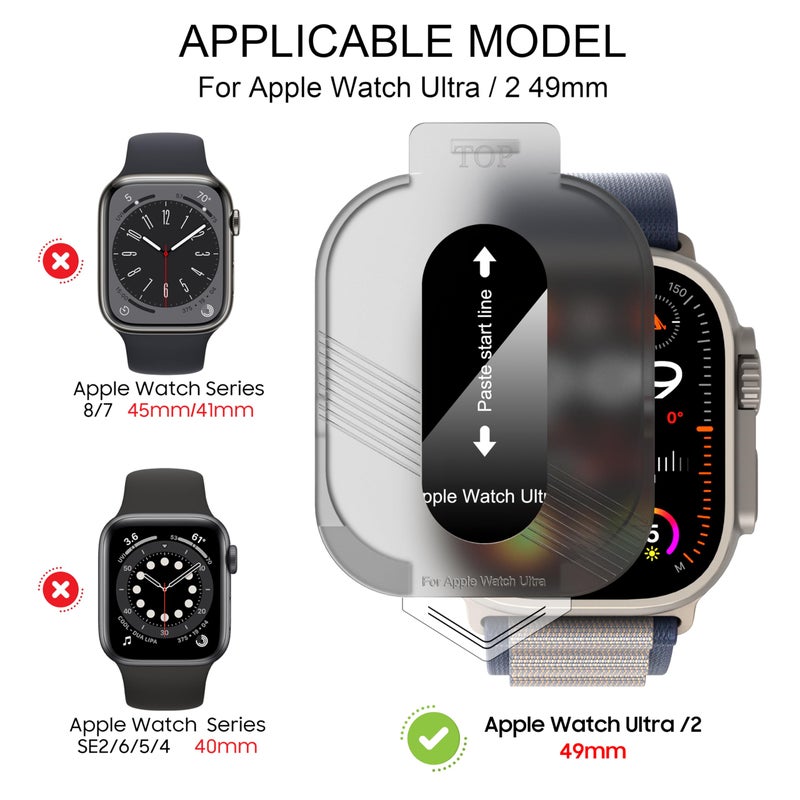 Suoman 2-Pack for Apple Watch Ultra 3/2/1 49mm Tempered Glass Privacy Screen Protector, [Anti-peeping] 9H Hardness protective film - Auto-alignment Installation Kit - Image 2