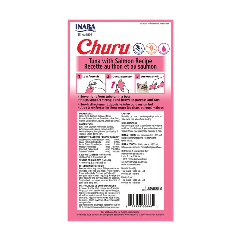 INABA Churu Cat Treats, Grain-Free, Lickable, Squeezable Creamy PurÃ©e Cat Treat/Topper with Vitamin E & Taurine, 0.5 Ounces Each Tube, 4 Tubes, Tuna with Salmon Recipe - Image 2