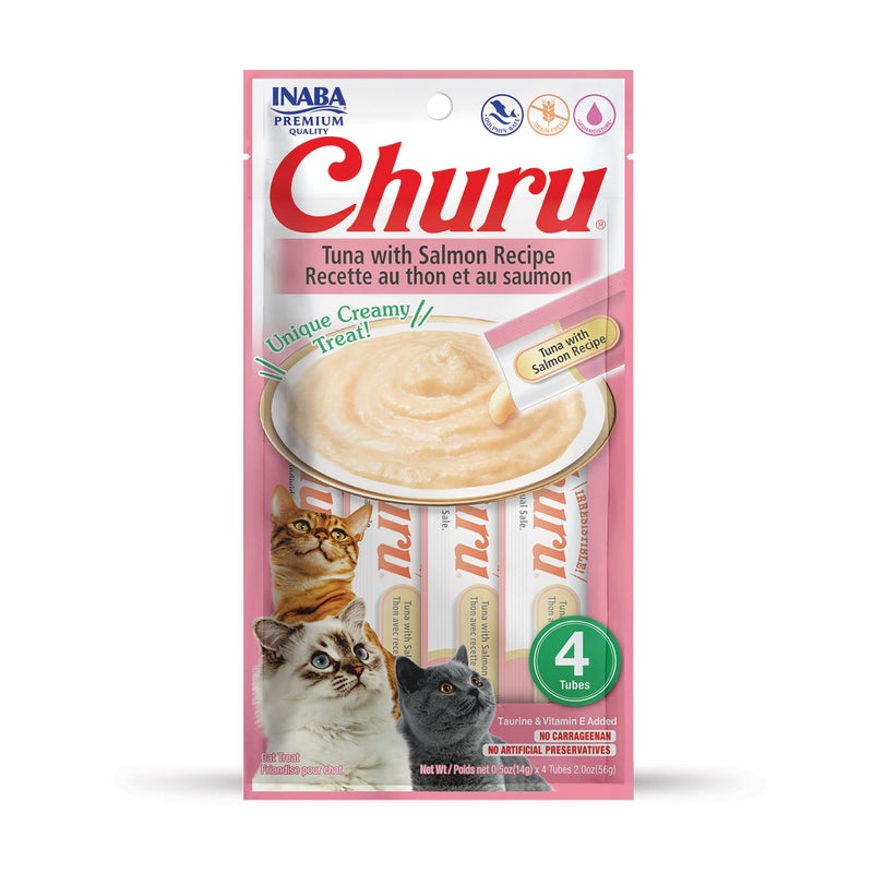 INABA Churu Cat Treats, Grain-Free, Lickable, Squeezable Creamy PurÃ©e Cat Treat/Topper with Vitamin E & Taurine, 0.5 Ounces Each Tube, 4 Tubes, Tuna with Salmon Recipe - Image 1