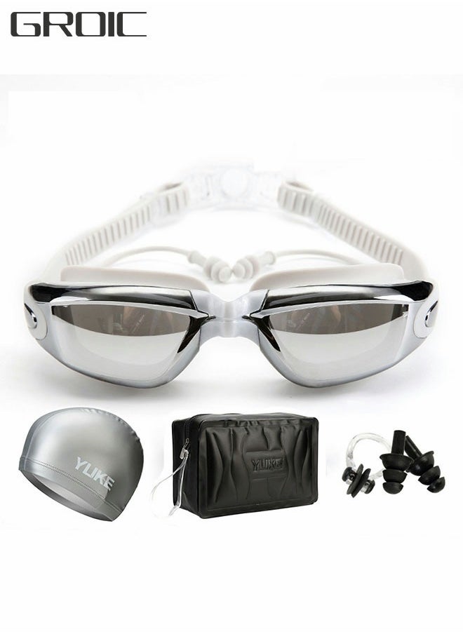 GROIC 5 Pieces Adjustable Swimming Goggles Sets Anti-Leak, Anti-Fog,with Swimming Cap,Nose Clip Ear Plugs,Waterproof Bag Case , Suitable for Adult Men ,Women ,Teenagers,Beginners, Professionals  - Image 1