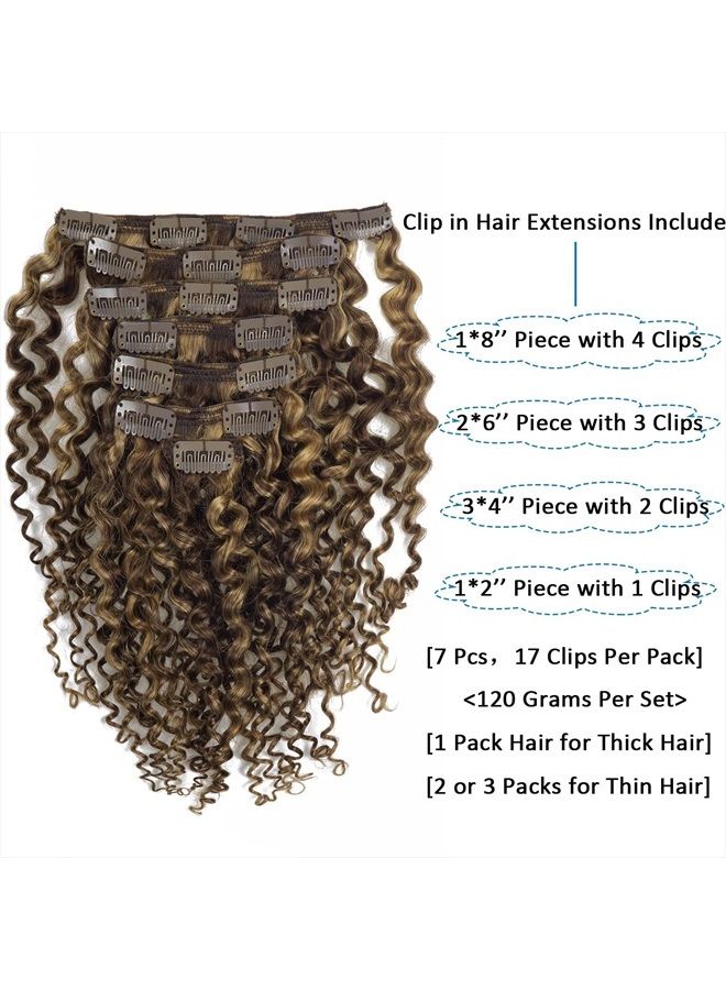 Caliee Curly Clip in Hair Extension 3B 3C Jerry Curly Full Head 20inch Real Remy Human Hair Extensions Highlight Piano Dark Brown Mixed with Strawberry Blonde JC#P4/27 7Pcs 17Clips 120G - Image 2