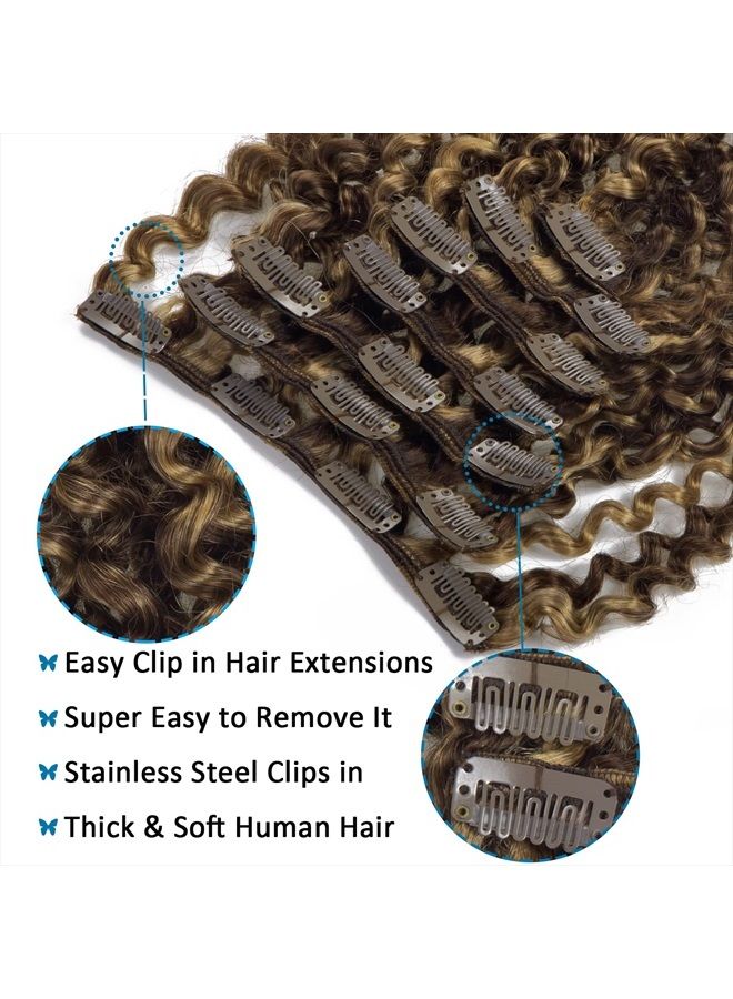Caliee Curly Clip in Hair Extension 3B 3C Jerry Curly Full Head 20inch Real Remy Human Hair Extensions Highlight Piano Dark Brown Mixed with Strawberry Blonde JC#P4/27 7Pcs 17Clips 120G - Image 3