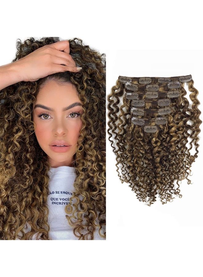 Caliee Curly Clip in Hair Extension 3B 3C Jerry Curly Full Head 20inch Real Remy Human Hair Extensions Highlight Piano Dark Brown Mixed with Strawberry Blonde JC#P4/27 7Pcs 17Clips 120G - Image 1