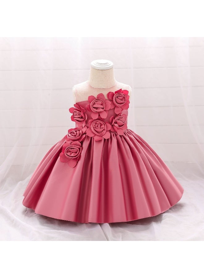 2025 New Baby First Birthday Dress - 3D Floral Satin Children's Puff Princess Gown - Image 1