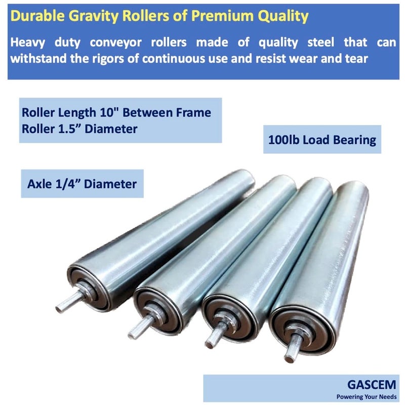 Gascem 1.5" Dia 10"BF Length Galvanized Steel Conveyor Roller, Axle Diameter 1/4" I Pack of 4 | Replacement Steel Rollers - Image 2