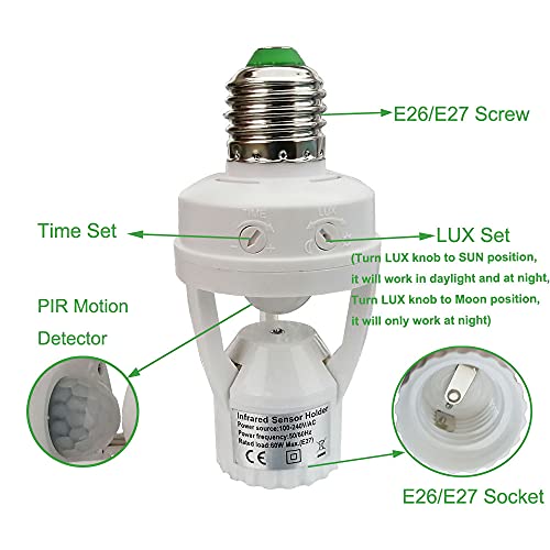 Taigeguang PIR Motion Sensor Light Socket,E26/E27 Smart Lamp Bulb Holder Adapter Auto On/Off Light Control Suitable for Garage Basement Porch Storage Room Indoor Use Only - Image 2