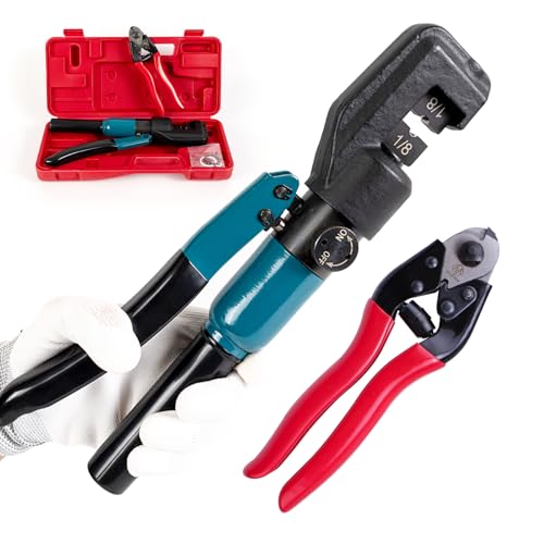 Muzata Custom Cable Railing Crimping Tool Hydraulic Crimper Hydraulic Crimping Tool for 18 Stainless Steel Cable Railing Kit Wire Rope Swaging Kit with Wire Cutter CR09 CK12