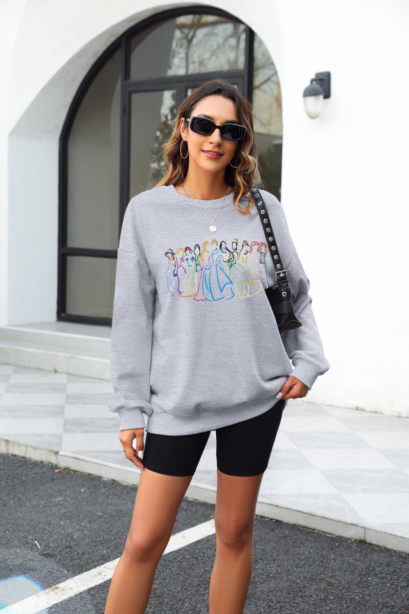 BANGELY Magical Sweatshirt Women Cute Embroidered Magic Princess Sweater Family Vacation Shirt Casual Long Sleeve Top Light Grey - Image 2