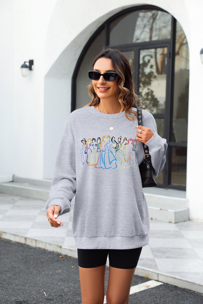 BANGELY Magical Sweatshirt Women Cute Embroidered Magic Princess Sweater Family Vacation Shirt Casual Long Sleeve Top Light Grey - Image 3
