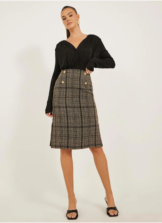 Styli Tweed Buttoned Pencil Midi Skirt