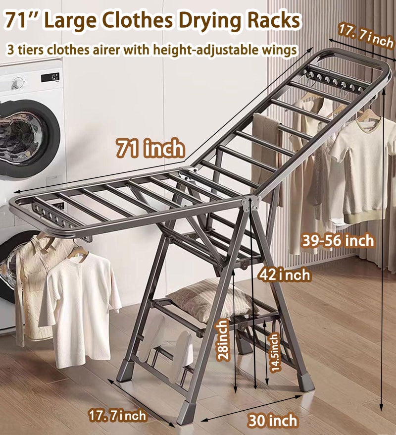 Mimiblack Clothes Drying Rack Foldable, 3 Tier Large Laundry Dryer Stand, Heavy Duty Metal Clothes Airer Dryer Rack with Wheels For Clothing& Bedding &Towels, Indoor & Outdoor Use, 70.8"LÃ—17.7"W Gray - Image 2