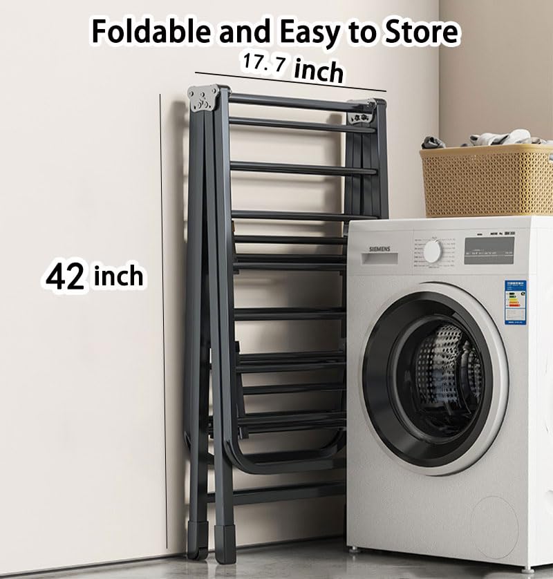 Mimiblack Clothes Drying Rack Foldable, 3 Tier Large Laundry Dryer Stand, Heavy Duty Metal Clothes Airer Dryer Rack with Wheels For Clothing& Bedding &Towels, Indoor & Outdoor Use, 70.8"LÃ—17.7"W Gray - Image 5