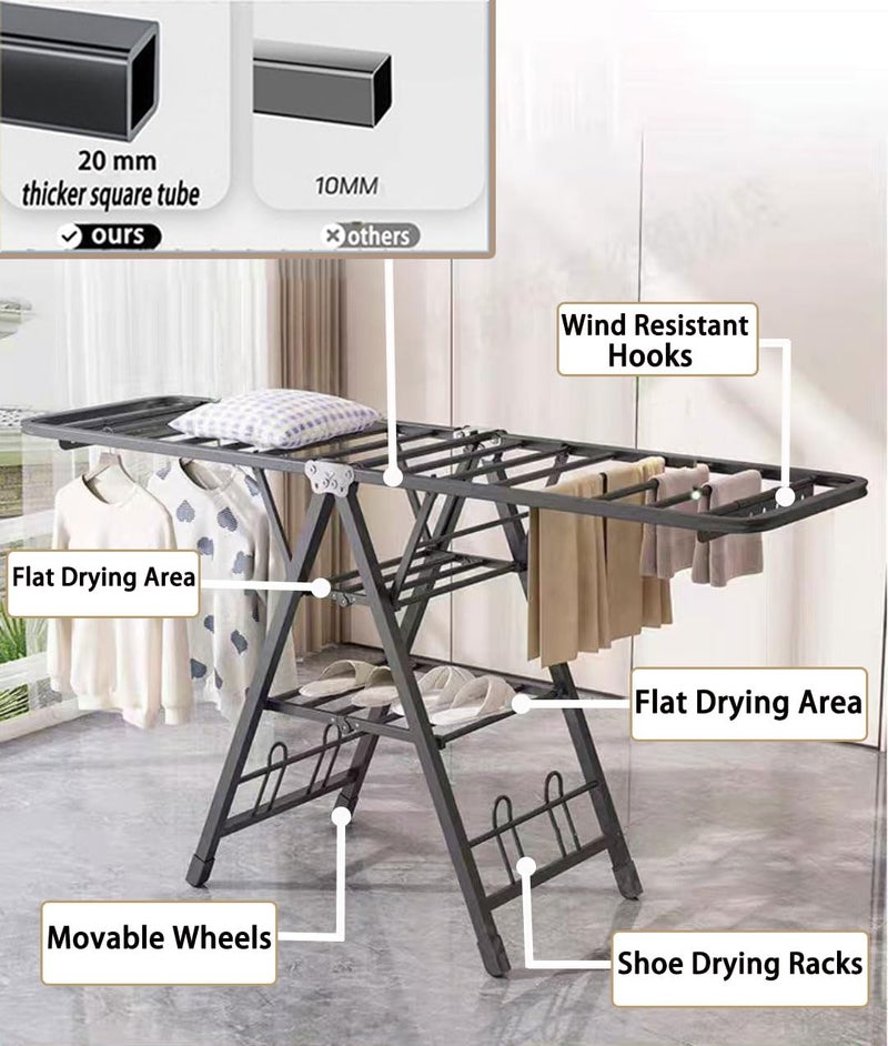 Mimiblack Clothes Drying Rack Foldable, 3 Tier Large Laundry Dryer Stand, Heavy Duty Metal Clothes Airer Dryer Rack with Wheels For Clothing& Bedding &Towels, Indoor & Outdoor Use, 70.8"LÃ—17.7"W Gray - Image 3
