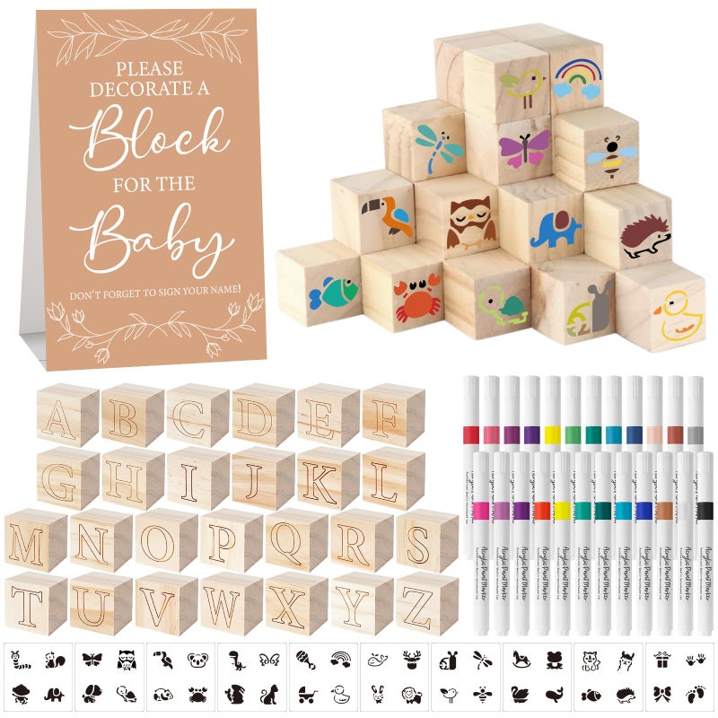 Aisharery 117 Pcs Baby Shower Blocks to Decorate Game Kit Includes 52 Wooden Blocks 24 Markers 1 Game Sign 40 Templates to Paint (Kraft) - Image 1