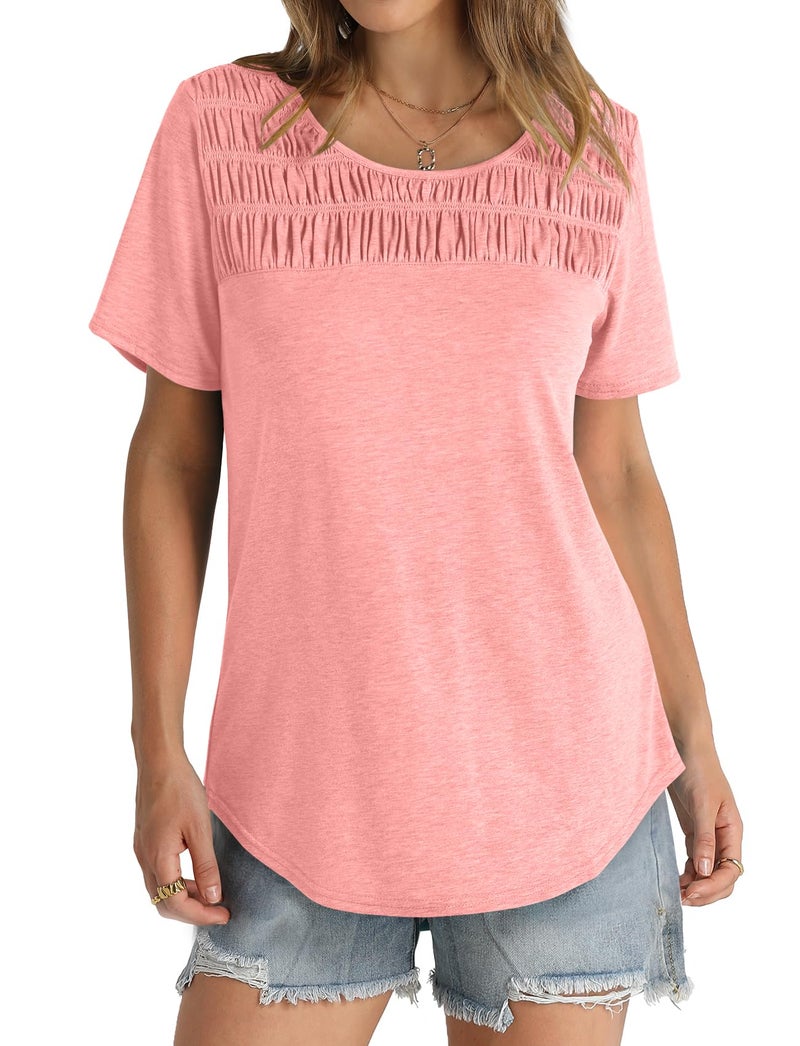 OFEEFAN Oversized Tshirts for Women Short Sleeve Crewneck Smocked Top Casual Coral XL - Image 2