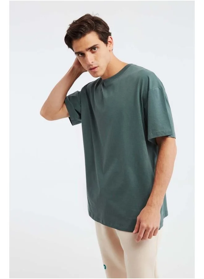GRIMELANGE Jett Men's Oversize Fit 100% Cotton Heavy Texture Dark Green T-Shirt