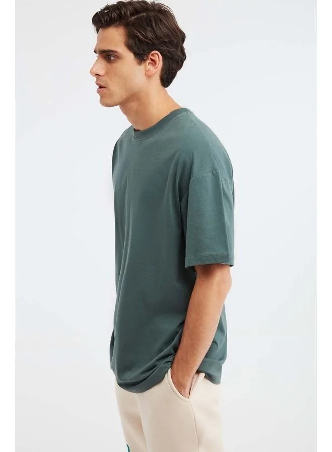 GRIMELANGE Jett Men's Oversize Fit 100% Cotton Heavy Texture Dark Green T-Shirt