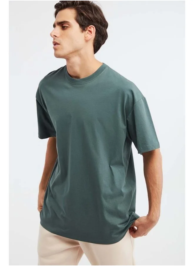 GRIMELANGE Jett Men's Oversize Fit 100% Cotton Heavy Texture Dark Green T-Shirt