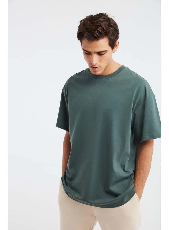 GRIMELANGE Jett Men's Oversize Fit 100% Cotton Heavy Texture Dark Green T-Shirt