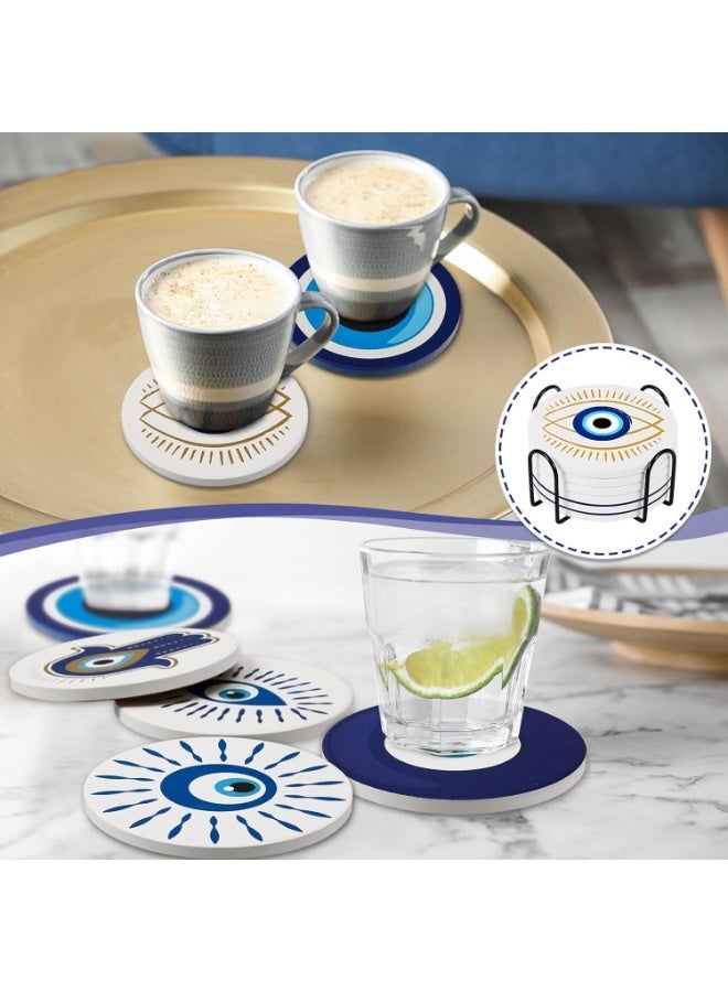 kunshao Set of 6 Ceramic Blue Eye Coasters with Holder, Round Absorbent Cup Mats with Cork Base, Heat Resistant Table Protectors, Home Kitchen Decor, Ramadan Eid Gift, 4 Inch - Image 3