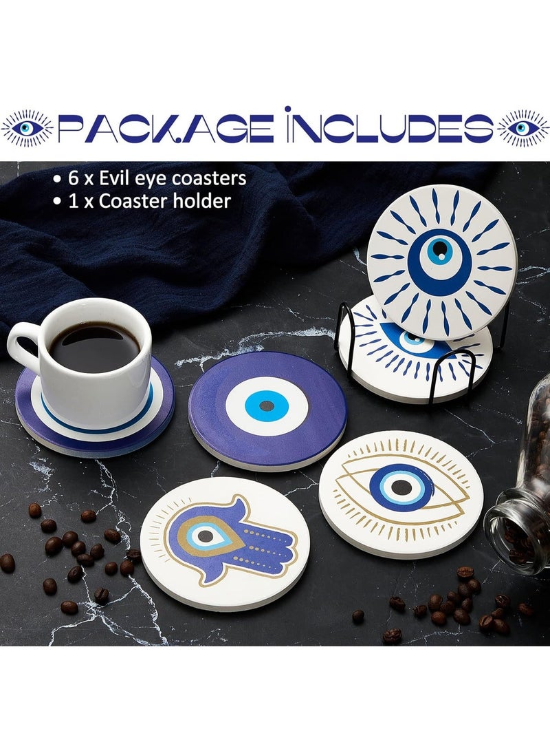 kunshao Set of 6 Ceramic Blue Eye Coasters with Holder, Round Absorbent Cup Mats with Cork Base, Heat Resistant Table Protectors, Home Kitchen Decor, Ramadan Eid Gift, 4 Inch - Image 5