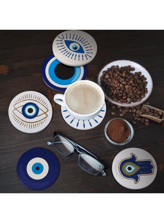 kunshao Set of 6 Ceramic Blue Eye Coasters with Holder, Round Absorbent Cup Mats with Cork Base, Heat Resistant Table Protectors, Home Kitchen Decor, Ramadan Eid Gift, 4 Inch - Image 4