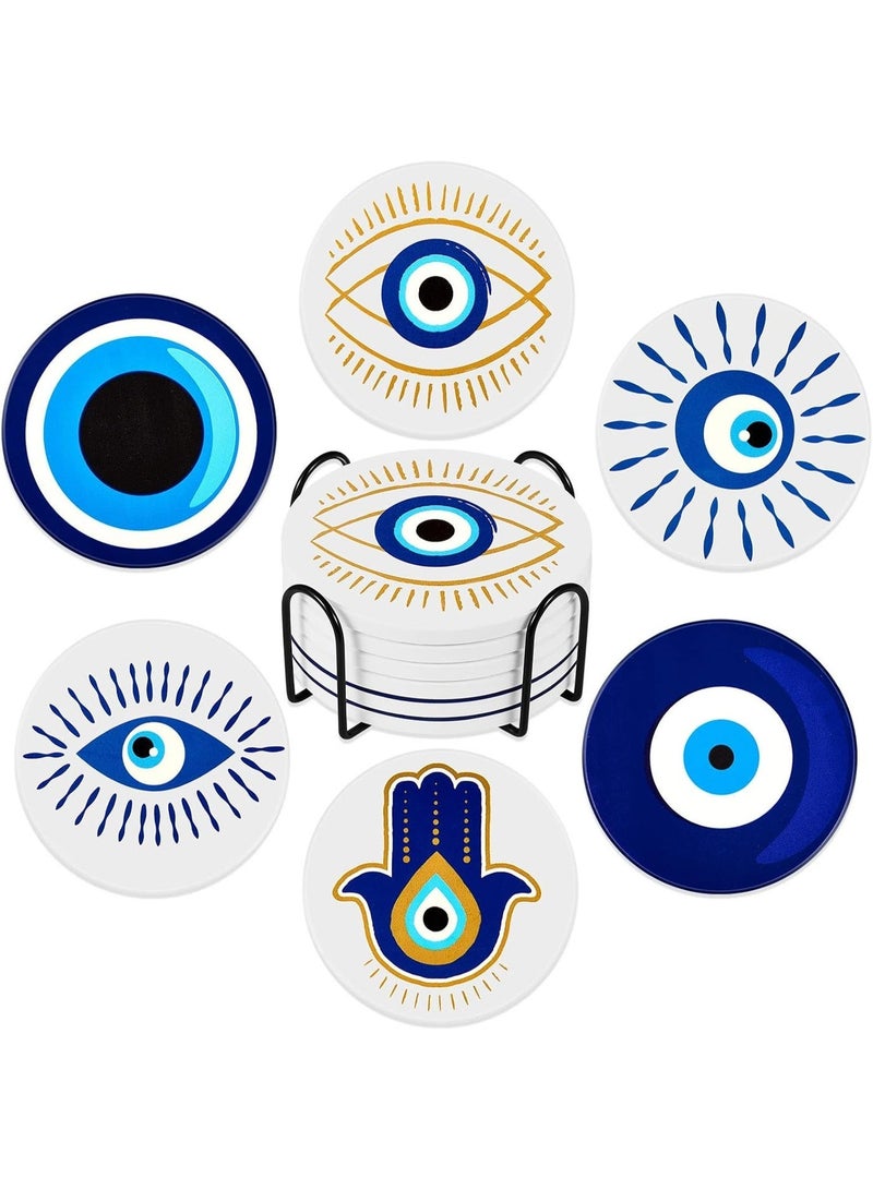 kunshao Set of 6 Ceramic Blue Eye Coasters with Holder, Round Absorbent Cup Mats with Cork Base, Heat Resistant Table Protectors, Home Kitchen Decor, Ramadan Eid Gift, 4 Inch - Image 1